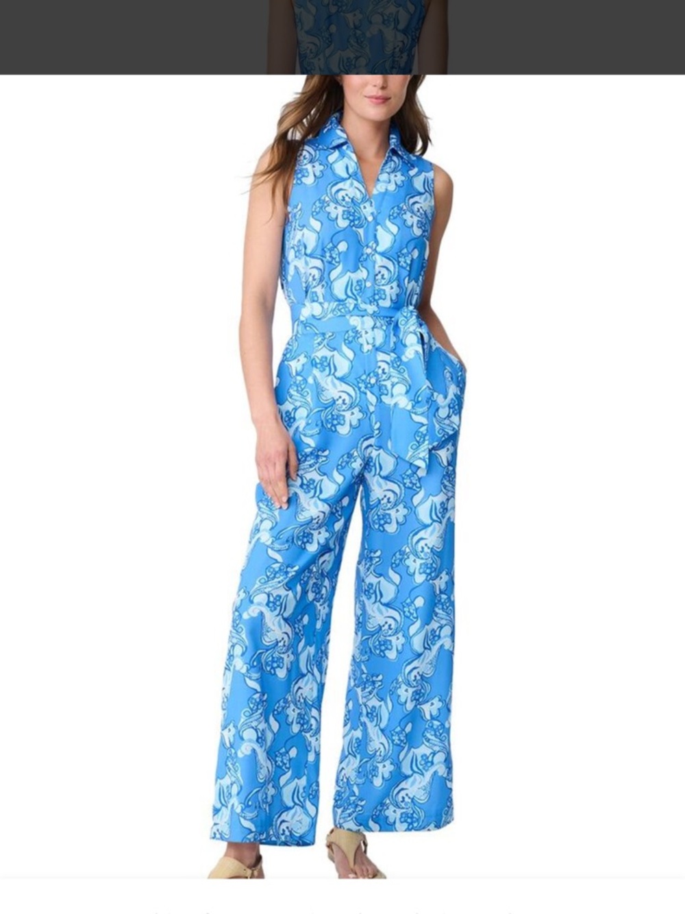 J. McLaughlin Blue Printed Sleeveless Collared Jumpsuit